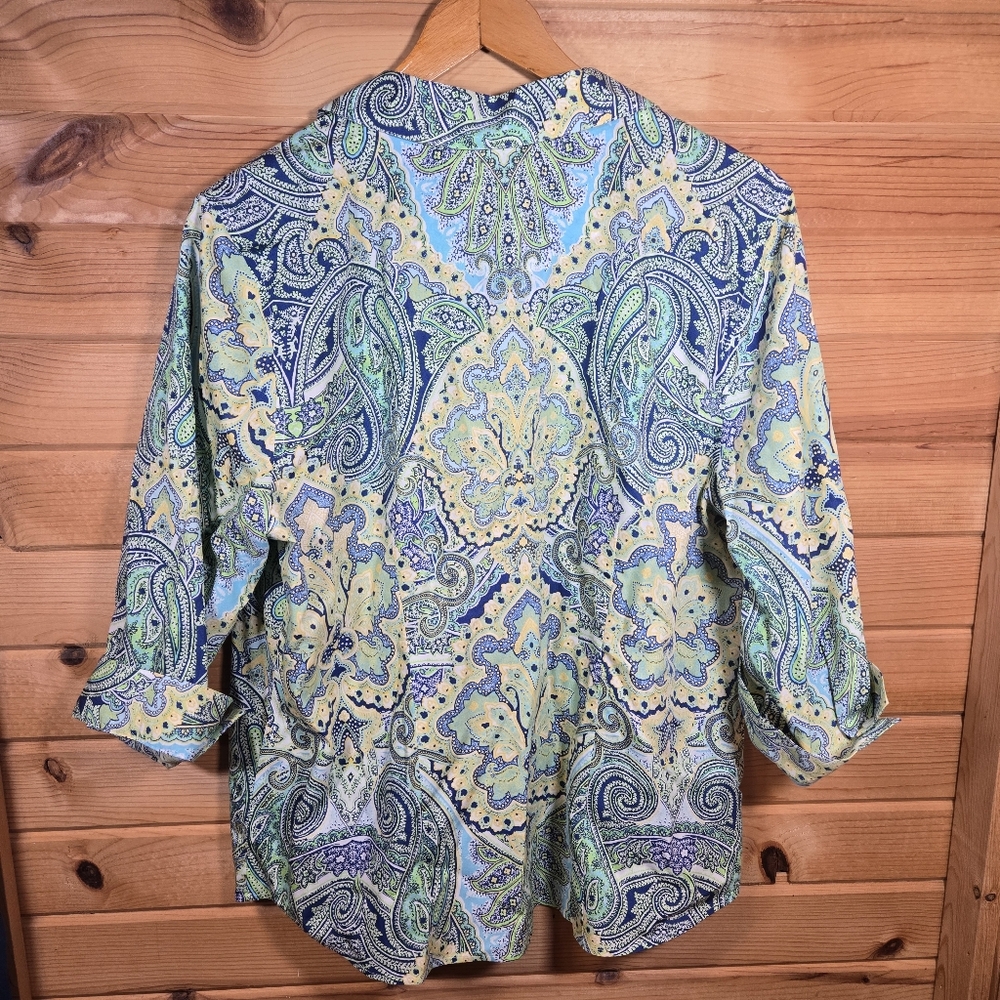 Chico's Cotton Button Up 3/4 Sleeve Shirt Paisley Blue Womens 3/XL Office - Picture 3 of 7